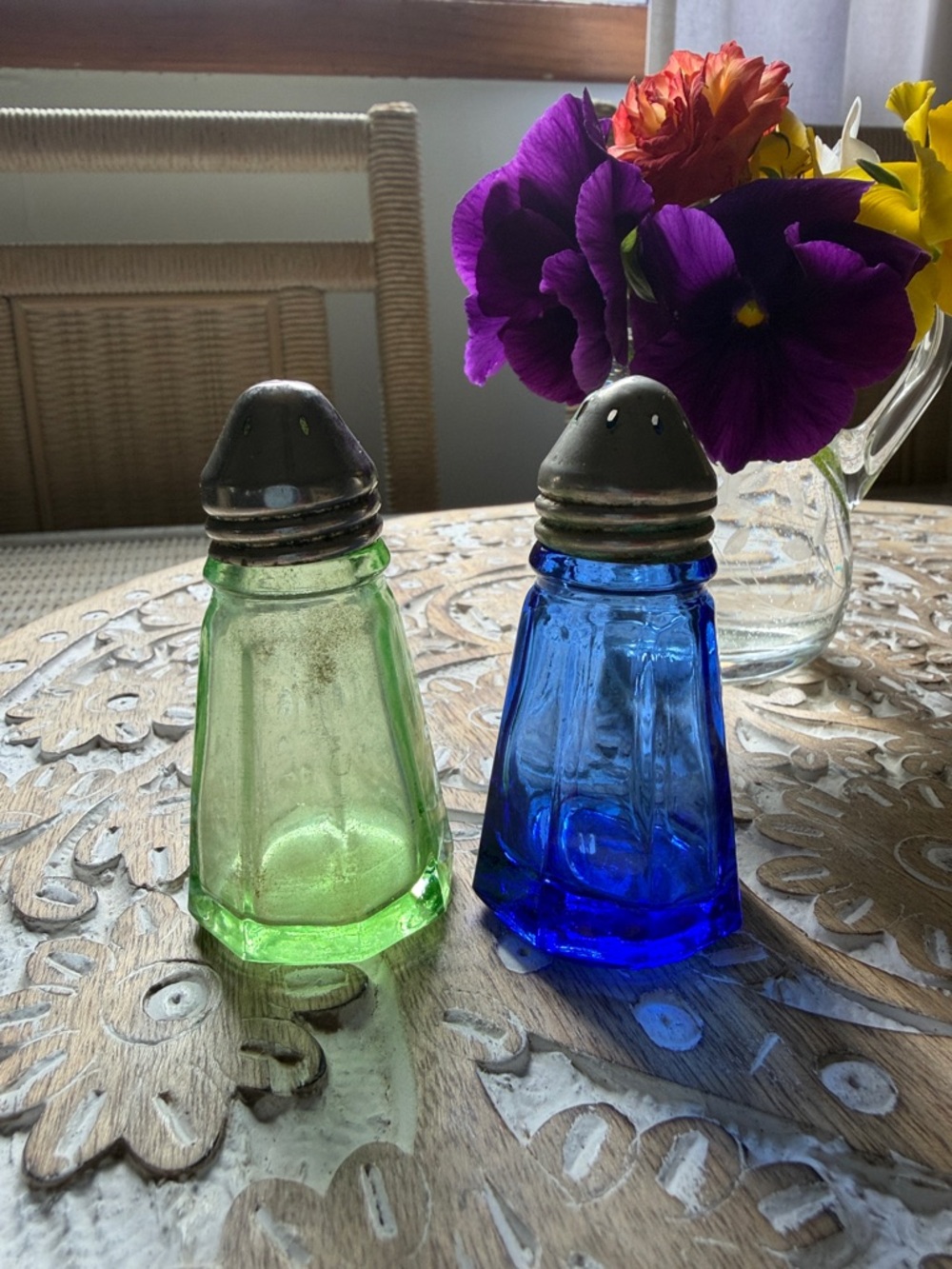 Vintage Blue & Green Hazel Atlas Glass Salt and Pepper Shakers